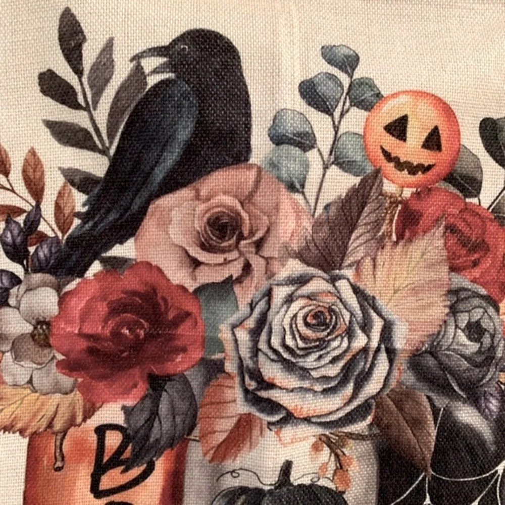 Halloween Pumpkin Crow Floral Throw Pillow Cover 17X17